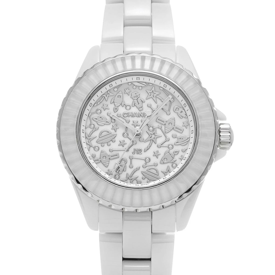 CHANEL J12 COSMIC WHITE/DIAMOND WATCH: CHANEL J12 Cosmic white/diamond Watch Brand: CHANEL Type/Style: Wristwatch Material: Band Material ceramic, Case Material ceramic Color: Dial Color white Size: Case Size H/about 33mm W/about 33mm D/ab