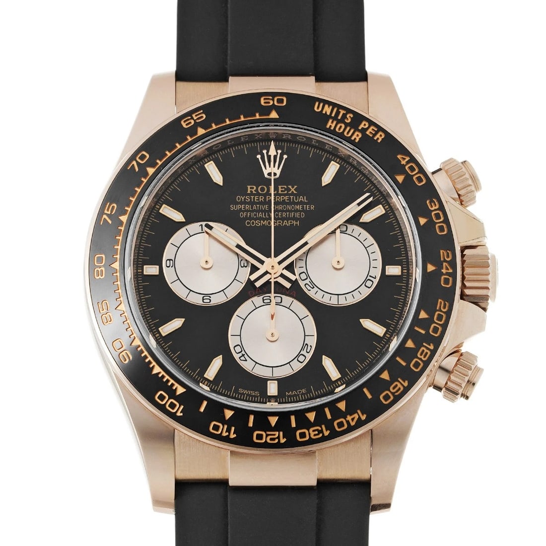 ROLEX COSMOGRAPH DAYTONA BRIGHT BLACK/SUNDUST WATCH: ROLEX Cosmograph Daytona Bright black/Sundust Watch Brand: ROLEX Type/Style: Wristwatch Material: Band Material rubber, Case Material Everrose gold Color: Dial Color Bright black Size: Case Size H/abo