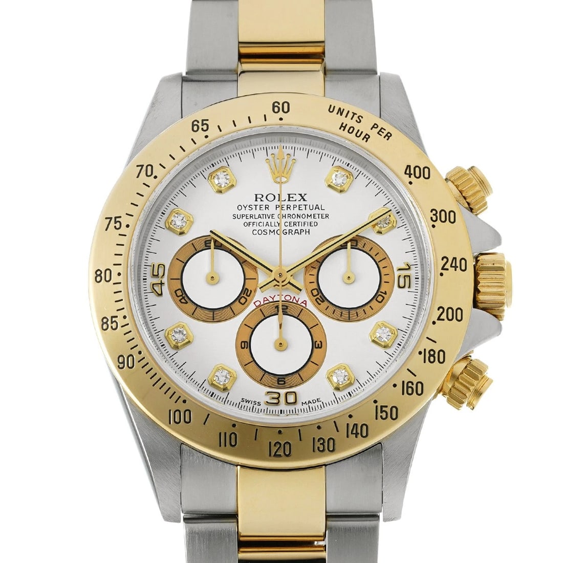 ROLEX COSMOGRAPH DAYTONA WHITE/DIAMOND WATCH: ROLEX Cosmograph Daytona white/diamond Watch Brand: ROLEX Type/Style: Wristwatch Material: Band Material Stainless steel/Yellow Gold, Case Material Stainless steel Color: Dial Color white Size: Case S