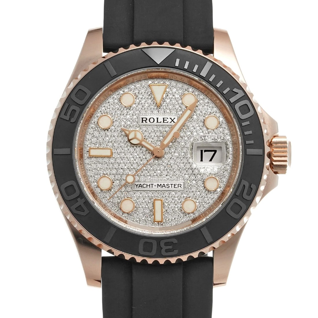 ROLEX YACHT-MASTER 40 PAVE DIAMONDS WATCH: ROLEX Yacht-Master 40 Pave diamonds Watch Brand: ROLEX Type/Style: Wristwatch Material: Band Material rubber, Case Material Everrose gold Color: Dial Color Pave diamonds Size: Case Size H/about 40mm W