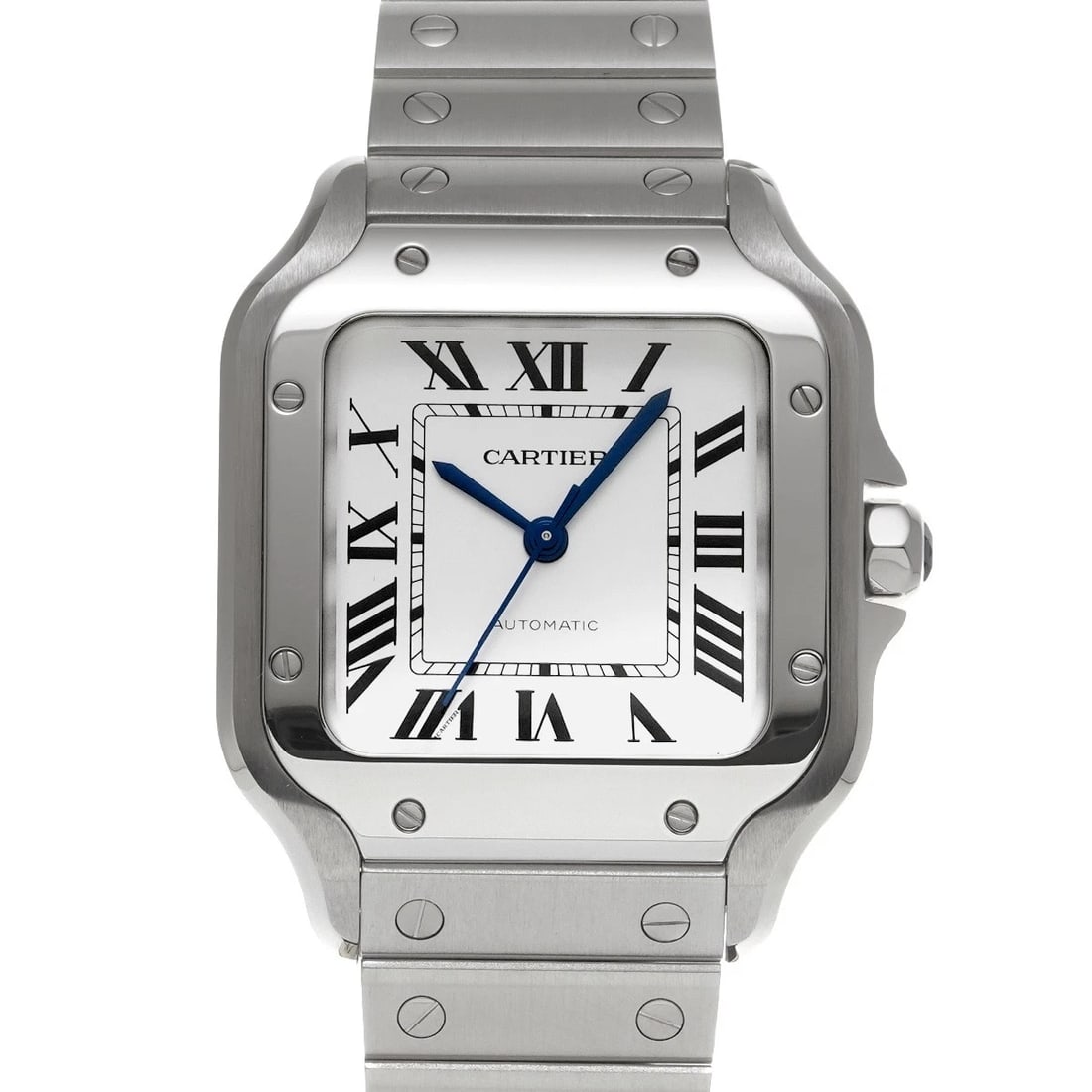 CARTIER SANTOS DE CARTIER MM SILVER WATCH: CARTIER Santos de Cartier MM Silver Watch Brand: Cartier Type/Style: Wristwatch Material: Band Material Steel, Case Material Steel Color: Dial Color Dial Color Silver Case Color Silver Size: Case Size