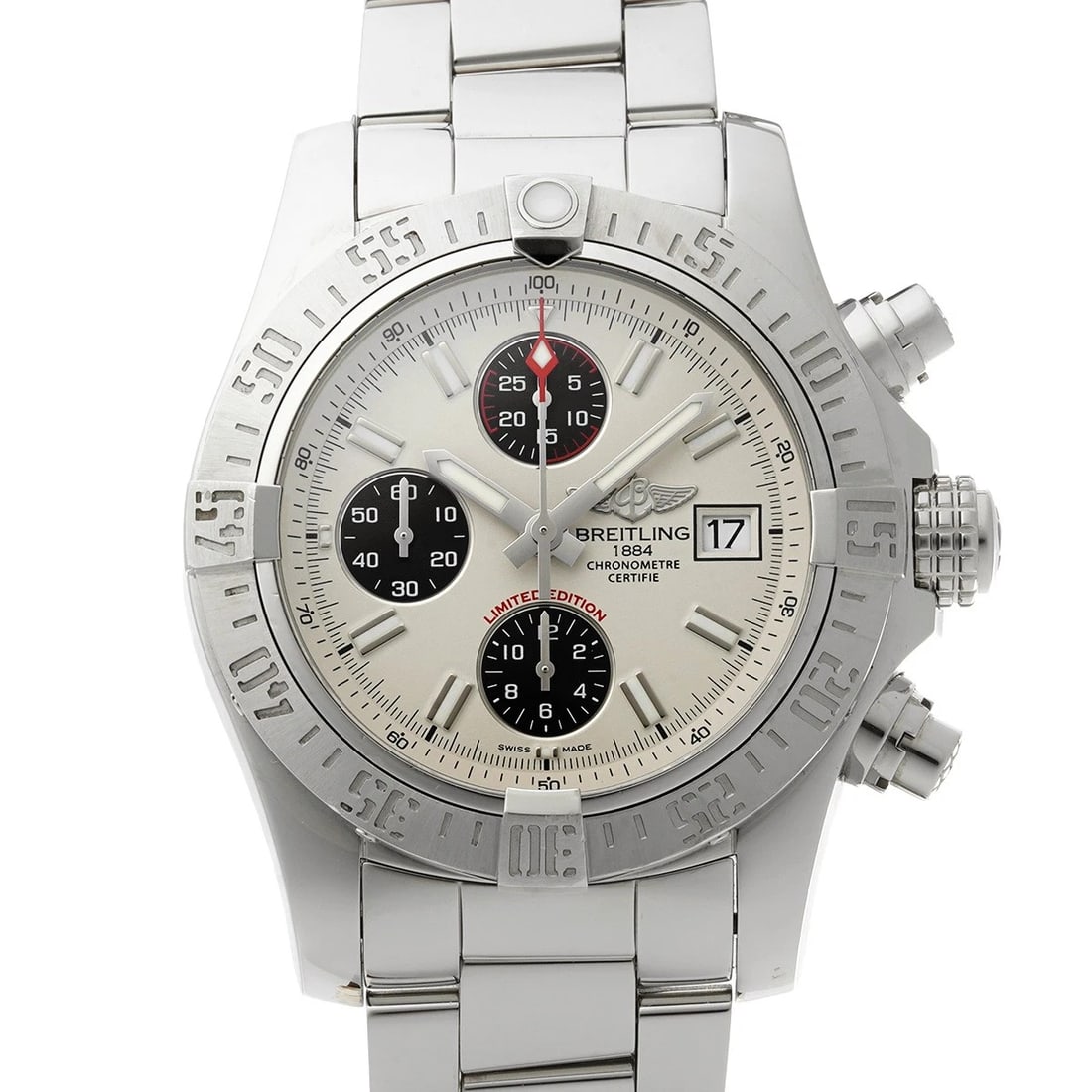 BREITLING AVENGER II IVORY/BLACK WATCH: BREITLING Avenger II Ivory/black Watch Brand: Breitling Type/Style: Wristwatch Material: Band Material Stainless Steel, Case Material Stainless Steel Color: Dial Color Dial Color White Band Color Silv