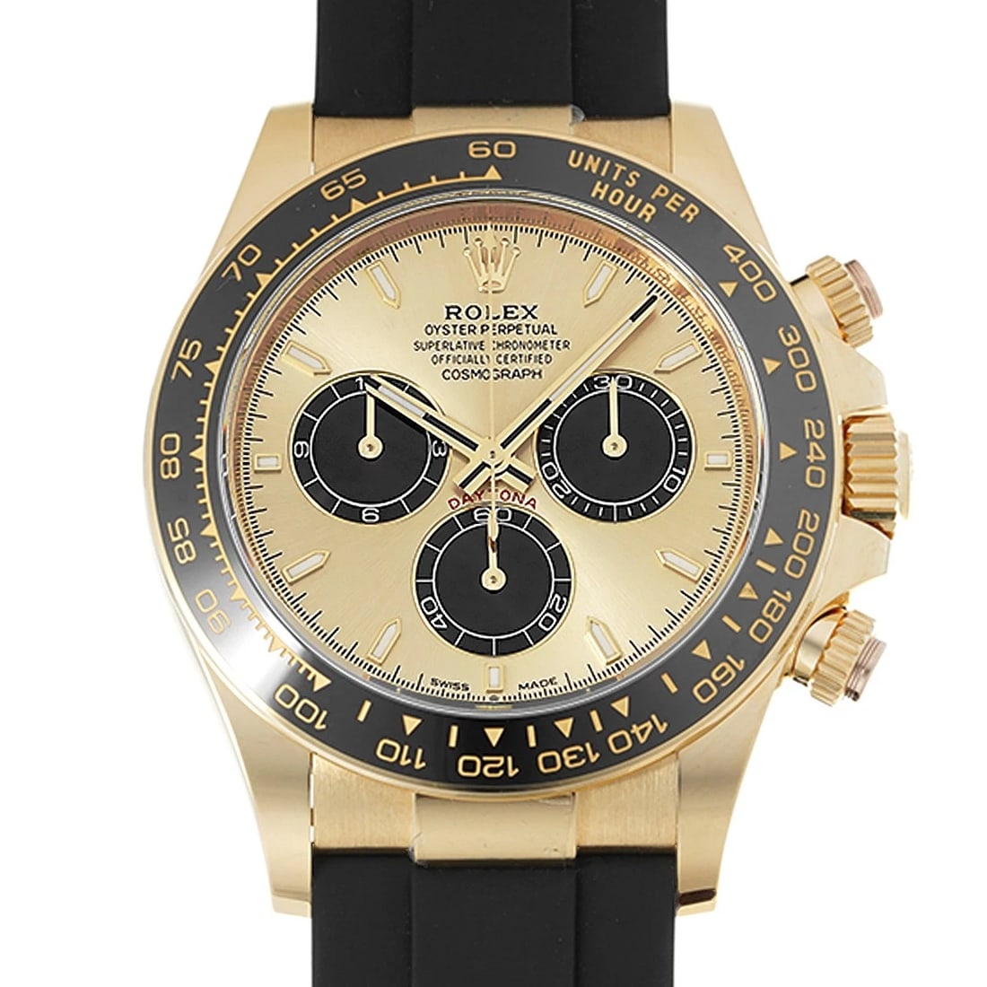 ROLEX COSMOGRAPH DAYTONA CHAMPAGNE/BRIGHT BLACK WATCH: ROLEX Cosmograph Daytona Champagne/Bright black Watch Brand: ROLEX Type/Style: Wristwatch Material: Band Material rubber, Case Material Yellow Gold Color: Dial Color Dial Color Champagne Band Color bl