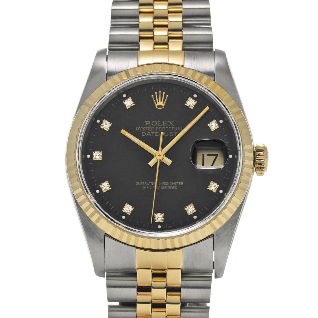 ROLEX DATEJUST BLACK/DIAMOND WATCH: ROLEX Datejust black/diamond Watch Brand: ROLEX Type/Style: Wristwatch Material: Band Material Stainless steel/Yellow Gold, Case Material Stainless steel Color: Dial Color black Size: Case Size H/abou