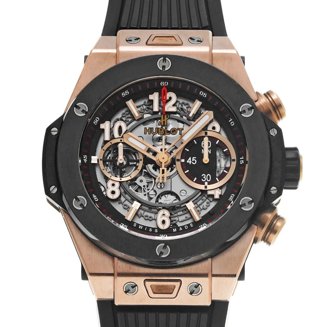 HUBLOT BIG BANG UNICO KING GOLD CERAMIC SKELETON WATCH: HUBLOT Big Bang Unico King Gold Ceramic skeleton Watch Brand: HUBLOT Type/Style: Wristwatch Material: Band Material rubber, Case Material King gold Color: Dial Color skeleton Size: Case Size H/about 4