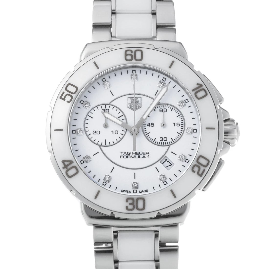 TAG HEUER QUARTZ CHRONOGRAPH WHITE/DIAMOND WATCH: TAG HEUER Quartz Chronograph white/diamond Watch Brand: TAG HEUER Type/Style: Wristwatch Material: Band Material Stainless steel/ceramic, Case Material Stainless steel Color: Dial Color white Size: Ca