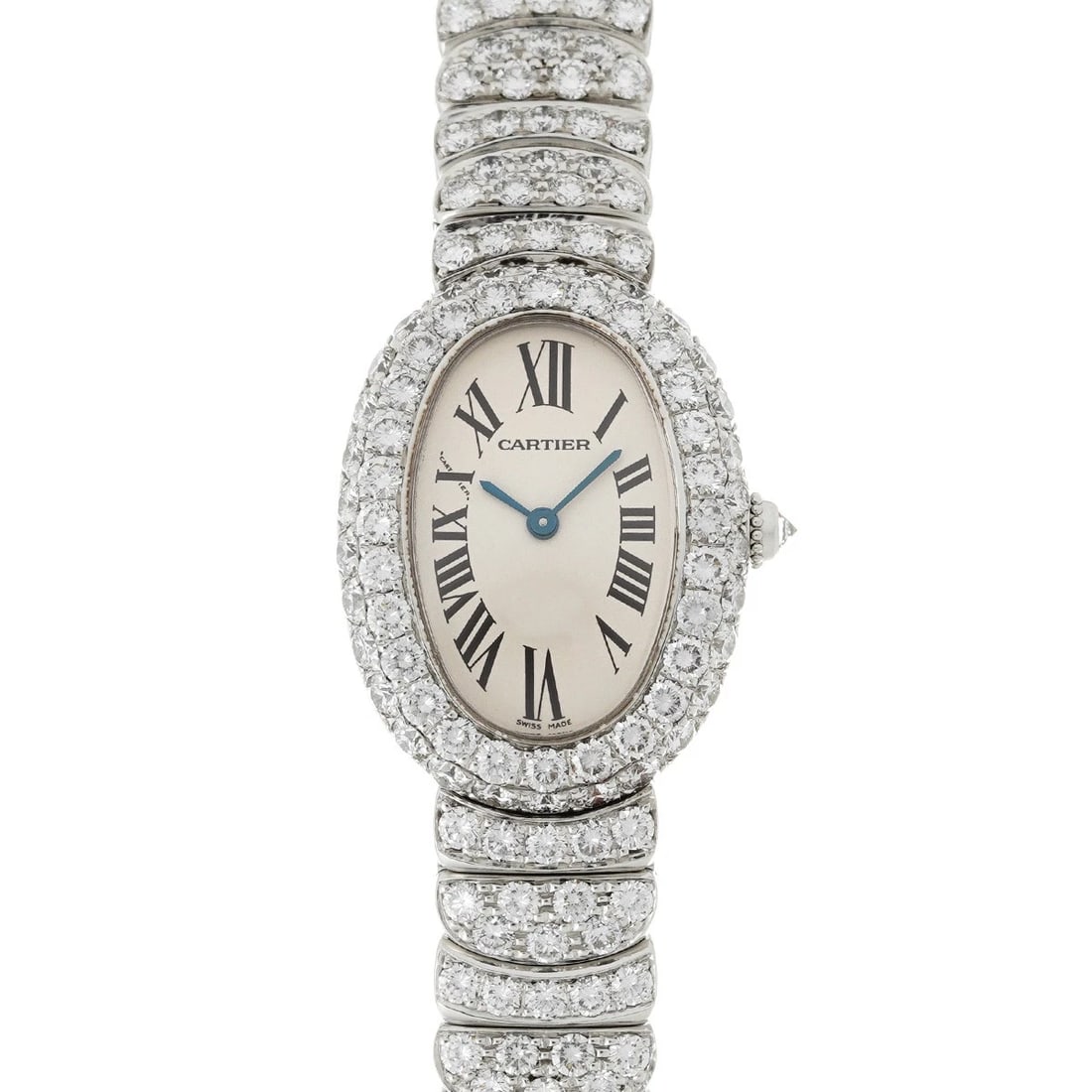 CARTIER BAIGNOIRE SILVER WATCH: CARTIER Baignoire Silver Watch Brand: Cartier Type/Style: Wristwatch Material: Band Material Stainless Steel, Case Material White Gold Color: Dial Color Dial Color Silver Case Color Silver Band Color