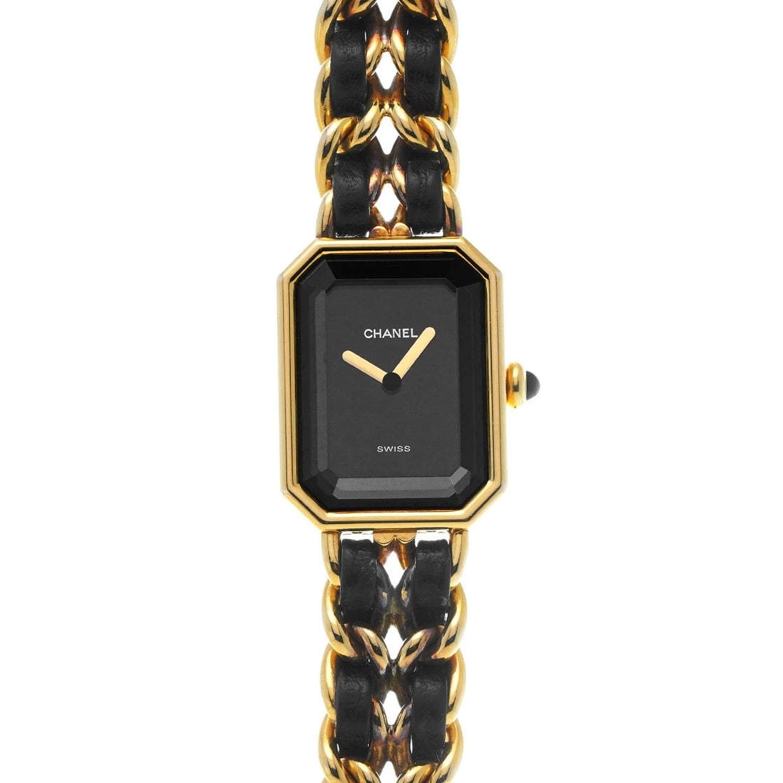 CHANEL PREMIRE BLACK WATCH: CHANEL Premire black Watch Brand: CHANEL Type/Style: Wristwatch Material: Band Material Leather, Gold Plated, Stainless Steel, Metal, Yellow Gold, Case Material Gold Plated, Stainless Steel Color: