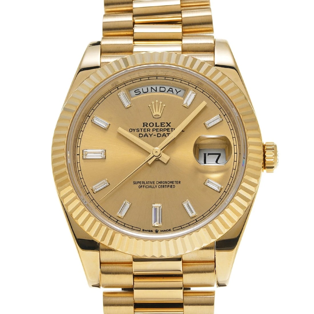 ROLEX DAY-DATE 40 CHAMPAGNE/DIAMOND WATCH: ROLEX Day-Date 40 Champagne/diamond Watch Brand: ROLEX Type/Style: Wristwatch Material: Band Material Yellow Gold, Case Material Yellow Gold Color: Dial Color Champagne Size: Case Size H/about 40mm W/
