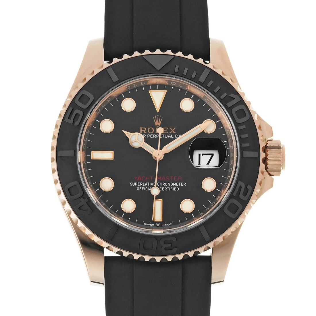 ROLEX YACHT-MASTER 40 INTENSE BLACK WATCH: ROLEX Yacht-Master 40 Intense black Watch Brand: ROLEX Type/Style: Wristwatch Material: Band Material rubber, Case Material Everrose gold Color: Dial Color Intense black Size: Case Size H/about 40mm W