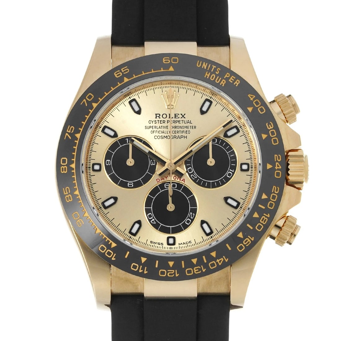 ROLEX COSMOGRAPH DAYTONA CHAMPAGNE/BLACK WATCH: ROLEX Cosmograph Daytona Champagne/black Watch Brand: ROLEX Type/Style: Wristwatch Material: Band Material rubber, Case Material Yellow Gold Color: Dial Color Dial Color Champagne Band Color black