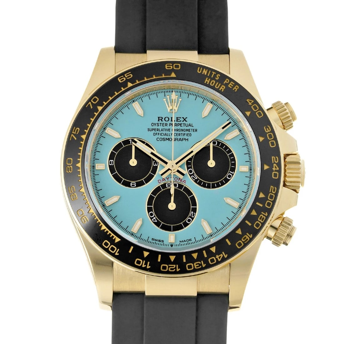 ROLEX COSMOGRAPH DAYTONA TURQUOISE BLUE WATCH: ROLEX Cosmograph Daytona turquoise blue Watch Brand: ROLEX Type/Style: Wristwatch Material: Band Material rubber, Case Material Yellow Gold Color: Dial Color Dial Color turquoise blue Band Color