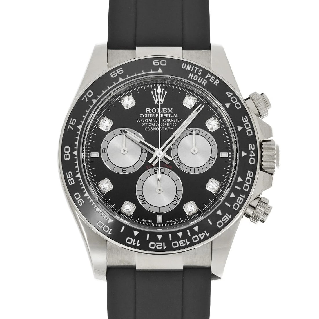 ROLEX COSMOGRAPH DAYTONA BRIGHT BLACK/SILVER / DIAMOND WATCH: ROLEX Cosmograph Daytona Bright black/Silver / diamond Watch Brand: ROLEX Type/Style: Wristwatch Material: Band Material rubber, Case Material White gold Color: Dial Color Dial Color Bright black