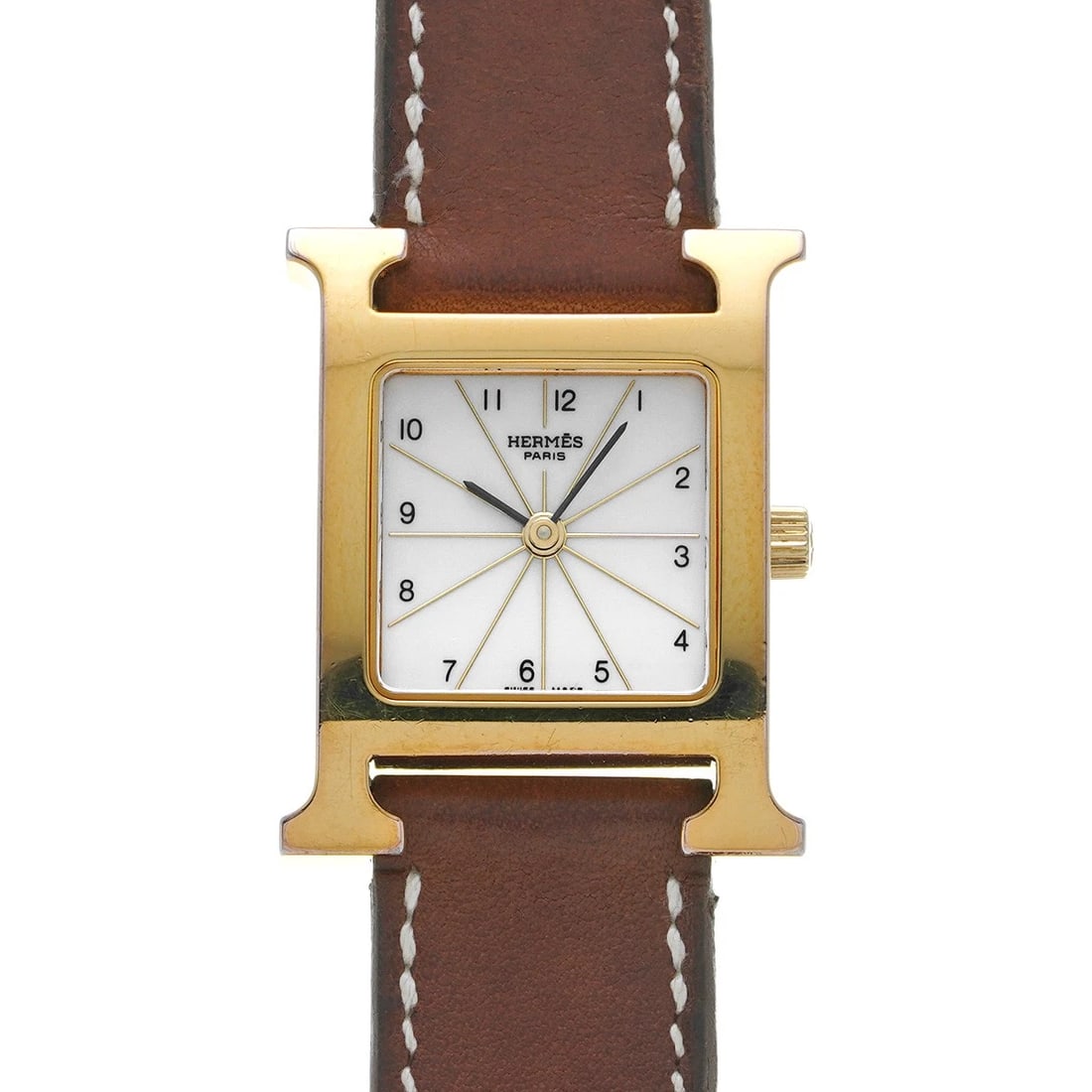 HERMES H WATCH DOUBLE TOUR WHITE WATCH: HERMES H Watch Double Tour white Watch Brand: HERMES Type/Style: Wristwatch Material: Band Material leather, Case Material Yellow gold plated Color: Dial Color Dial Color white Band Color Brown Size:
