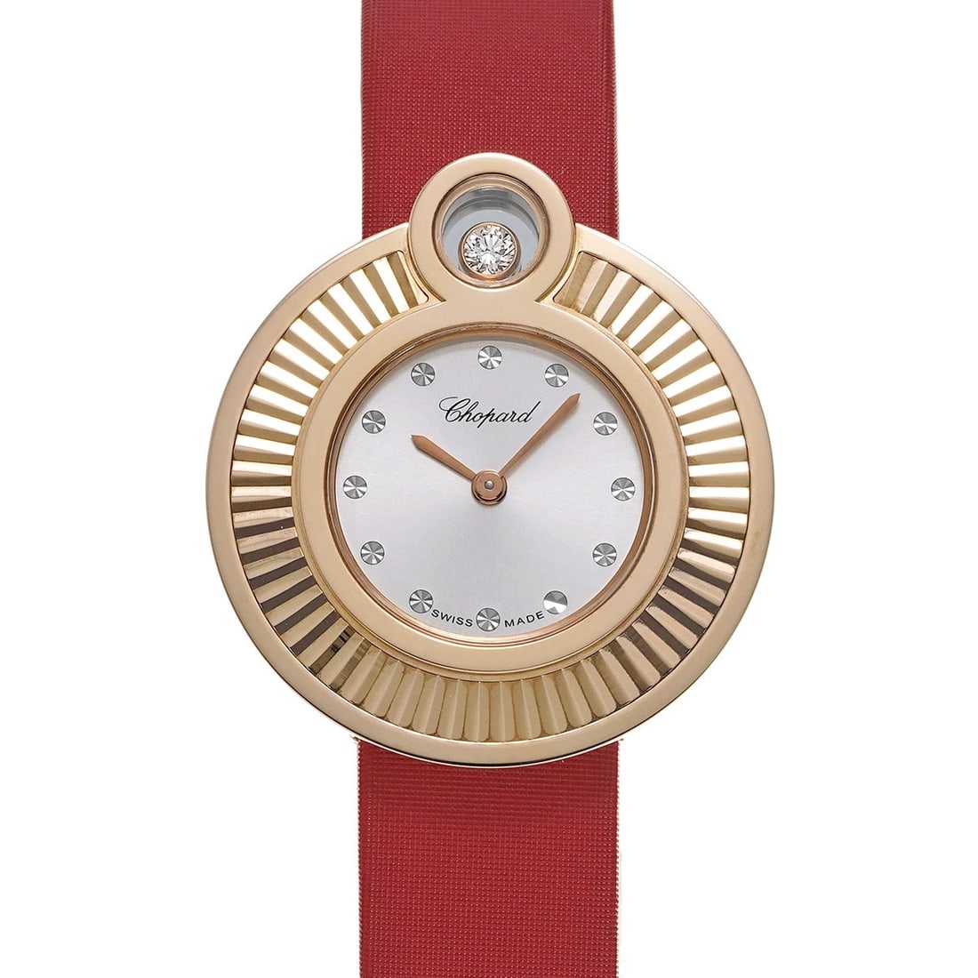 CHOPARD HAPPY DIAMOND SILVER WATCH: Chopard Happy diamond Silver Watch Brand: Chopard Type/Style: Wristwatch Material: Band Material Leather, Case Material Rose Gold Color: Dial Color Dial Color Silver Case Color Pink Band Color Red