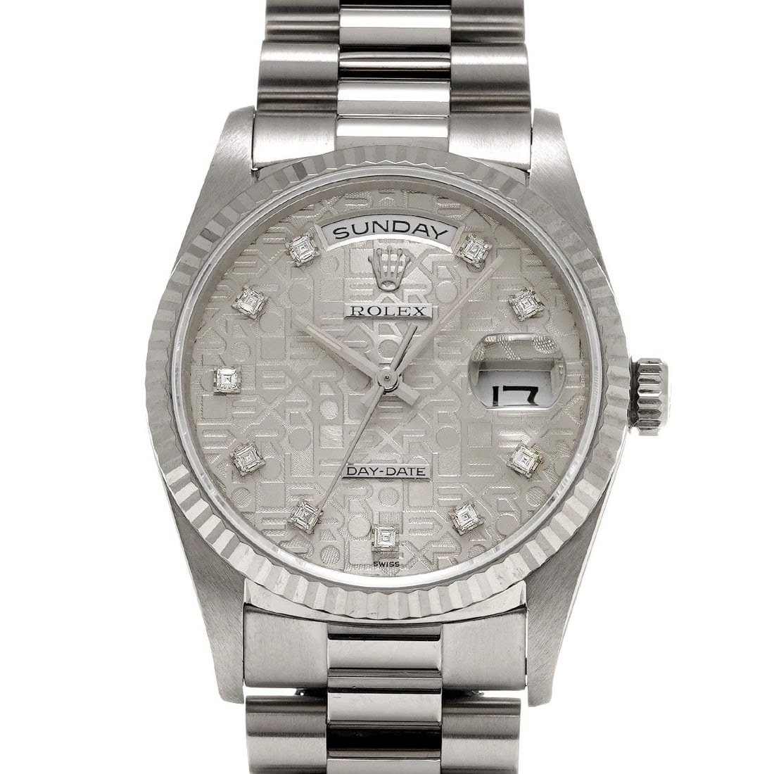ROLEX DAY-DATE SILVER COMPUTER/DIAMOND WATCH: ROLEX Day-Date Silver computer/diamond Watch Brand: ROLEX Type/Style: Wristwatch Material: Band Material White gold, Case Material White gold Color: Dial Color Silver computer Size: Case Size H/about 