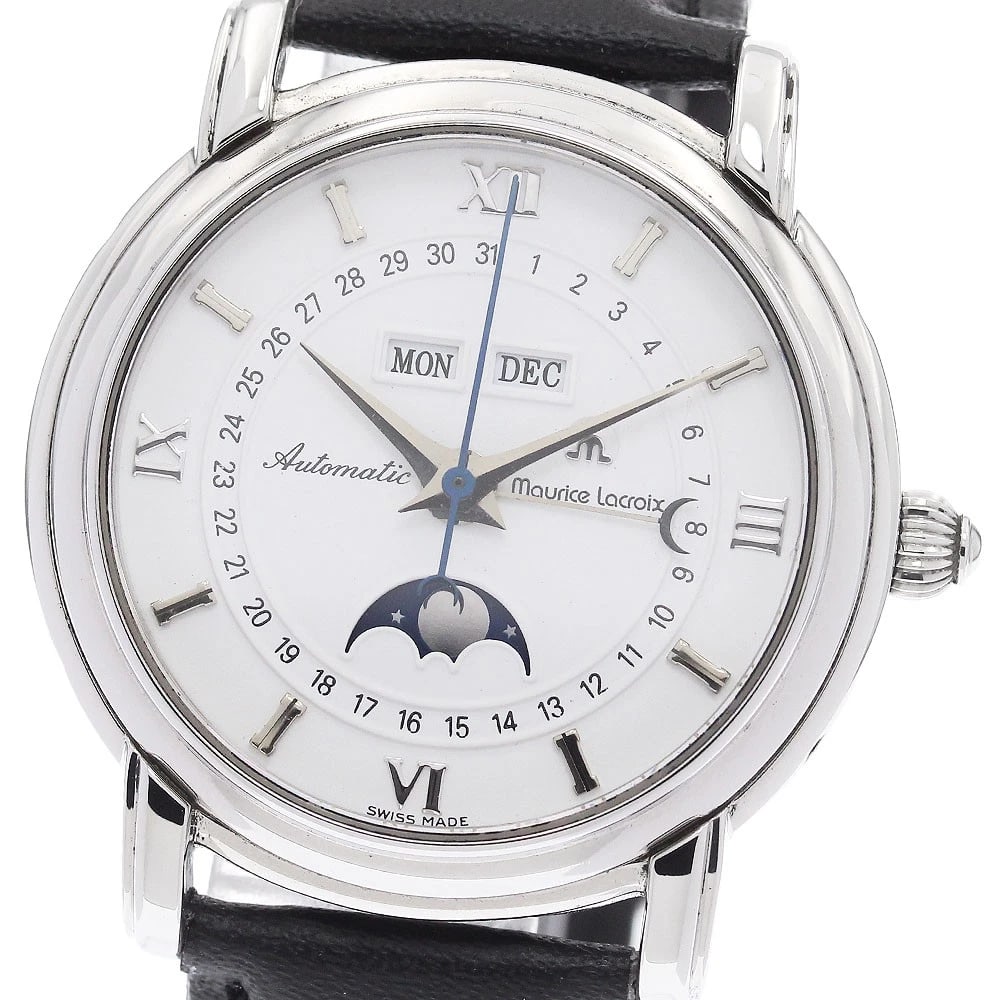 MAURICE LACROIX MASTERPIECE MOON PHASE AUTOMATIC WATCH: MAURICE LACROIX Masterpiece Moon phase Automatic Watch Brand: MAURICE LACROIX Type/Style: Wristwatch Material: Band Material leather, Case Material Stainless Steel Color: Dial Color white Band Color