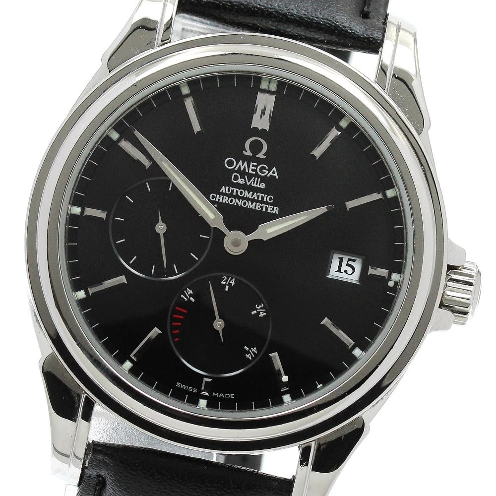 OMEGA DE VILLE CO-AXIAL POWER AUTOMATIC WATCH: OMEGA De Ville Co-axial power Automatic Watch Brand: OMEGA Type/Style: Wristwatch Material: Band Material leather, Case Material Stainless Steel Color: Case Color Silver Band Color black Dial Color