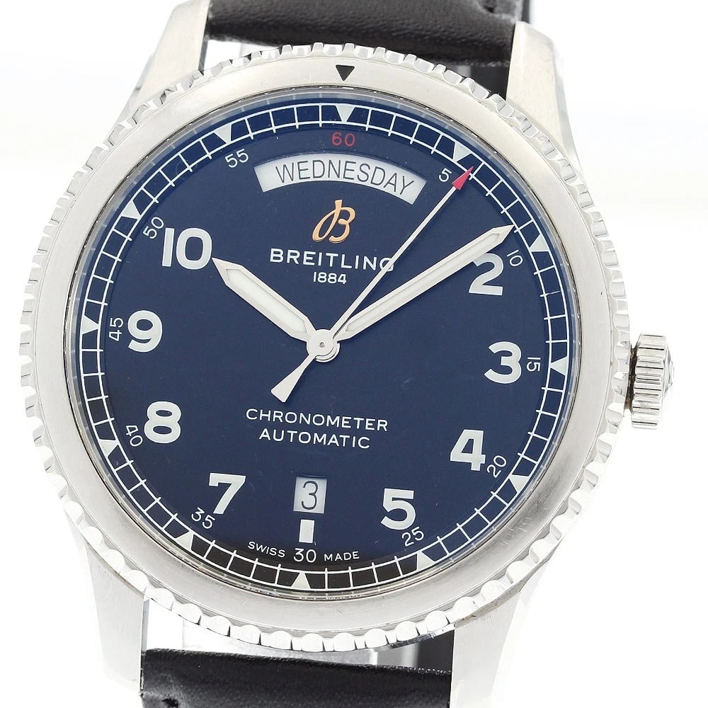BREITLING AVIATOR DATE BLACK AUTOMATIC WATCH: BREITLING Aviator date black Automatic Watch Brand: BREITLING Type/Style: Wristwatch Material: Band Material leather, Case Material Stainless Steel Color: Case Color Silver Band Color black Dial