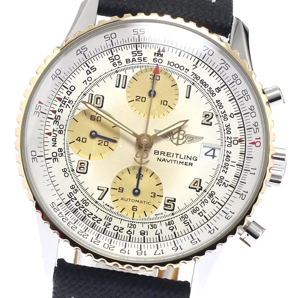 BREITLING OLD NAVITIMER CHRONOGRAPH YG BEZEL AUTOMATIC WATCH: BREITLING Old Navitimer Chronograph YG bezel Automatic Watch Brand: BREITLING Type/Style: Wristwatch Material: Band Material Nylon / leather, Case Material Stainless Steel/YG Color: Case Color Silver