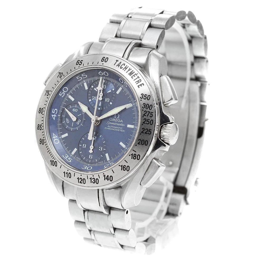 OMEGA SPEEDMASTER CHRONOGRAPH WATCH: OMEGA Speedmaster Chronograph Watch Brand: OMEGA Type/Style: Wristwatch Material: Band Material Stainless Steel, Case Material Stainless Steel Color: Dial Color blue Band Color Silver Case Color
