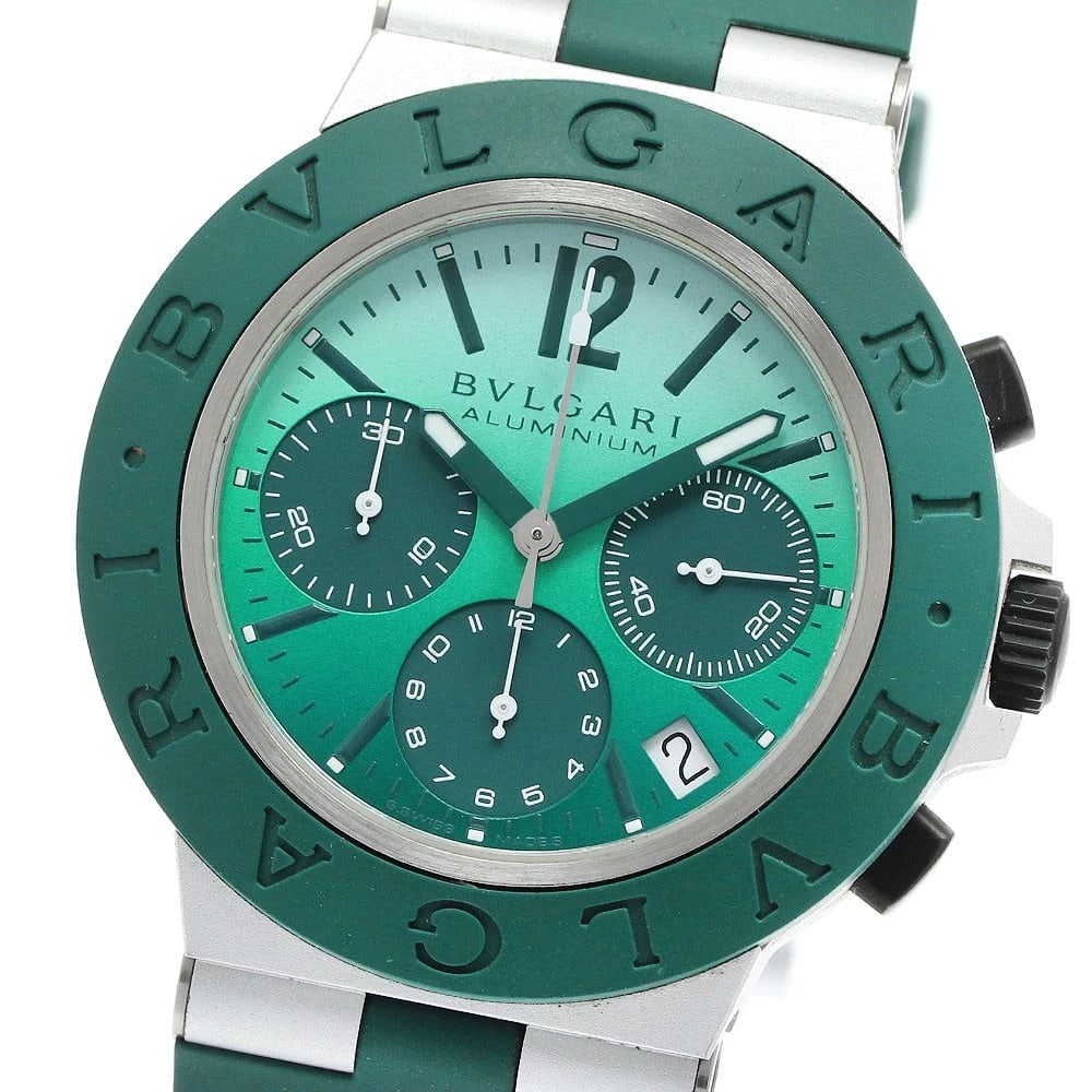 BVLGARI ALUMINUM CHRONOGRAPH WATCH: BVLGARI Aluminum Chronograph Watch Brand: BVLGARI Type/Style: Wristwatch Material: Band Material Rubber / aluminum, Case Material Rubber / aluminum Color: Dial Color green Band Color Silver / Green Ca