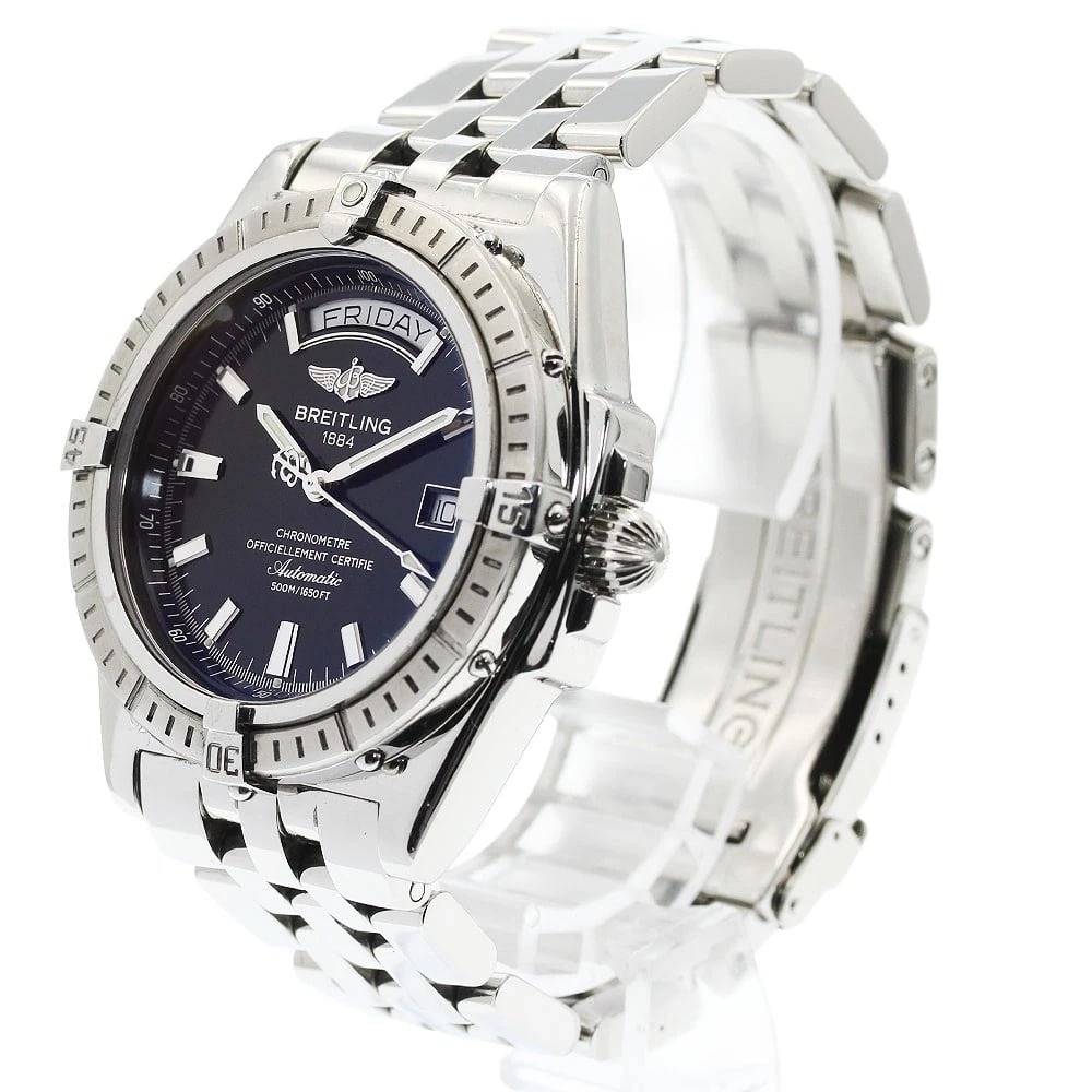 BREITLING DATE BLACK AUTOMATIC WATCH: BREITLING date black Automatic Watch Brand: BREITLING Type/Style: Wristwatch Material: Band Material Stainless Steel, Case Material Stainless Steel Color: Dial Color black Band Color Silver Case