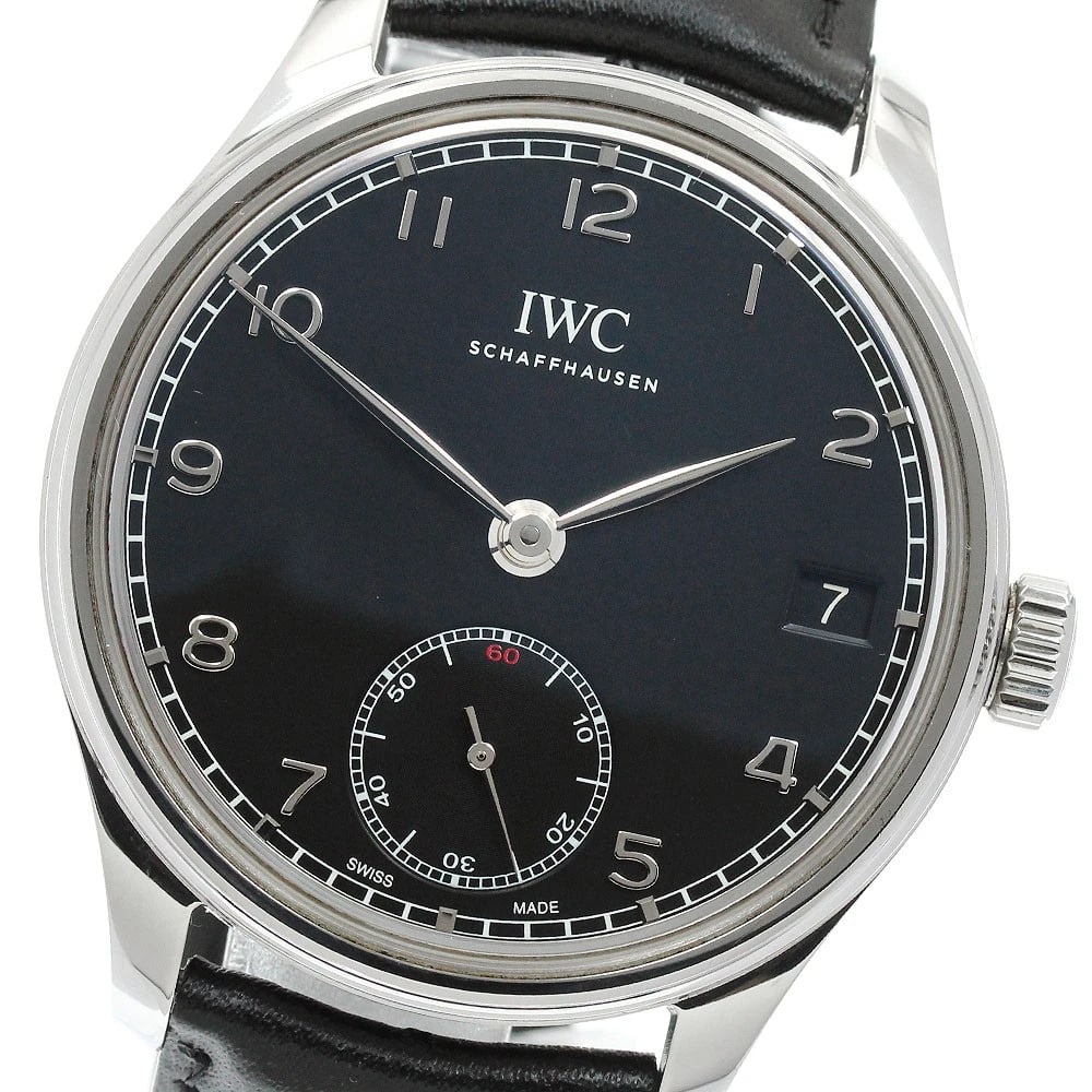 IWC SCHAFFHAUSEN PORTUGIESER HAND WINDING WATCH: IWC SCHAFFHAUSEN Portugieser Hand Winding Watch Brand: IWC SCHAFFHAUSEN Type/Style: Wristwatch Material: Band Material leather, Case Material Stainless Steel Color: Dial Color black Band Color black
