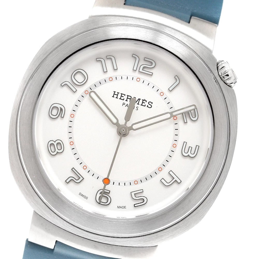HERMES SILVER AUTOMATIC WATCH: HERMES Silver Automatic Watch Brand: HERMES Type/Style: Wristwatch Material: Band Material rubber, Case Material Stainless Steel Color: Dial Color Silver Band Color blue Case Color Silver Size: Case