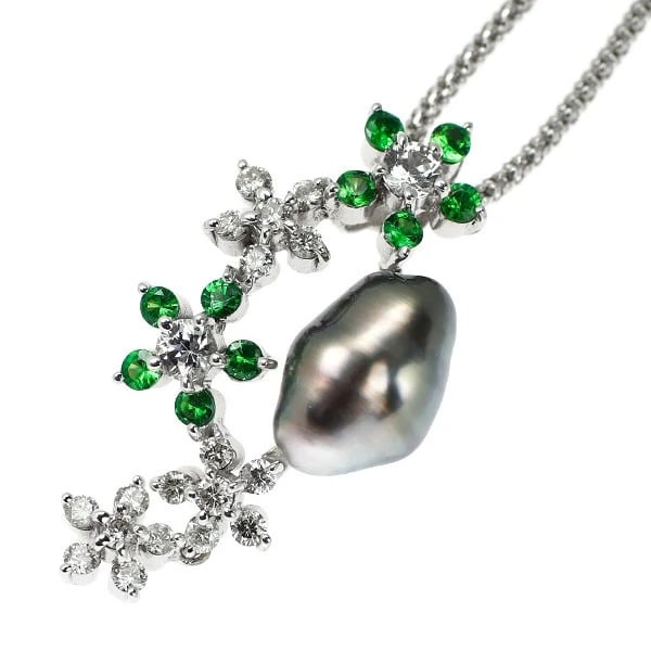 K18WG BLACK BUTTERFLY BAROQUE PEARL GREEN GARNET DIAMOND PENDANT NECKLACE: K18WG Black Butterfly Baroque Pearl Green Garnet Diamond Pendant Necklace Brand: None Type/Style: pendant necklace Material: K18WG, Main Stone Natural Color: WG Size: Chain Length: 45cm Accessories: