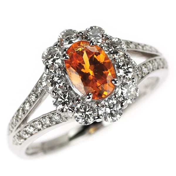 PT900 SPESSARTITE GARNET DIAMOND RING: Pt900 Spessartite Garnet Diamond Ring Brand: None Type/Style: Ring Material: Pt900, Main Stone Spessartite Garnet\Natural Color: None Size: 6.25 - 6.5 US Accessories: None Accessories Notice: When