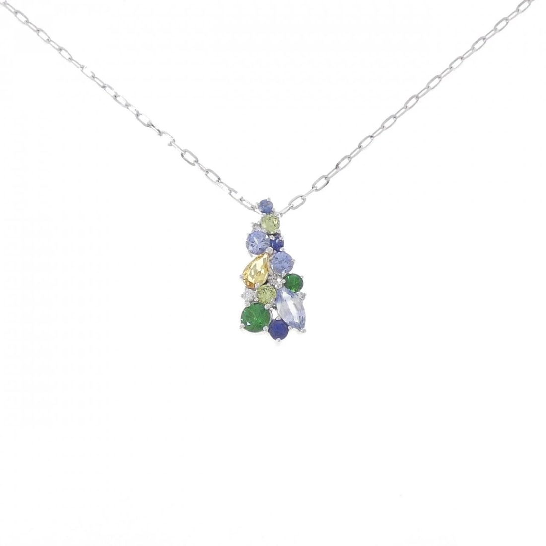 K18WG/750WG COLORED STONE NECKLACE: K18WG/750WG Colored Stone Necklace Brand: Unbranded Type/Style: Beryl Necklace Material: 18K White Gold/750 White Gold, Main Stone Beryl, Sapphire, Garnet, Natural Color: WG Size: Length: 40cm