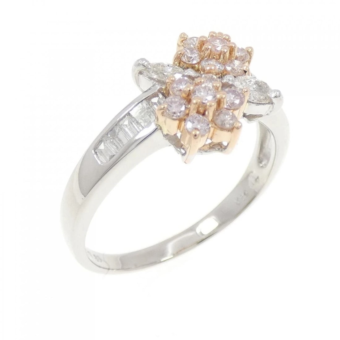 PT900/K14PG FLOWER DIAMOND RING: PT900/K14PG Flower Diamond Ring Brand: Unbranded Type/Style: Diamond Ring Material: Platinum 900/14K pink gold, Main Stone Natural Color: PT, PG Size: US7 3/4 Accessories: None Accessories Notice: