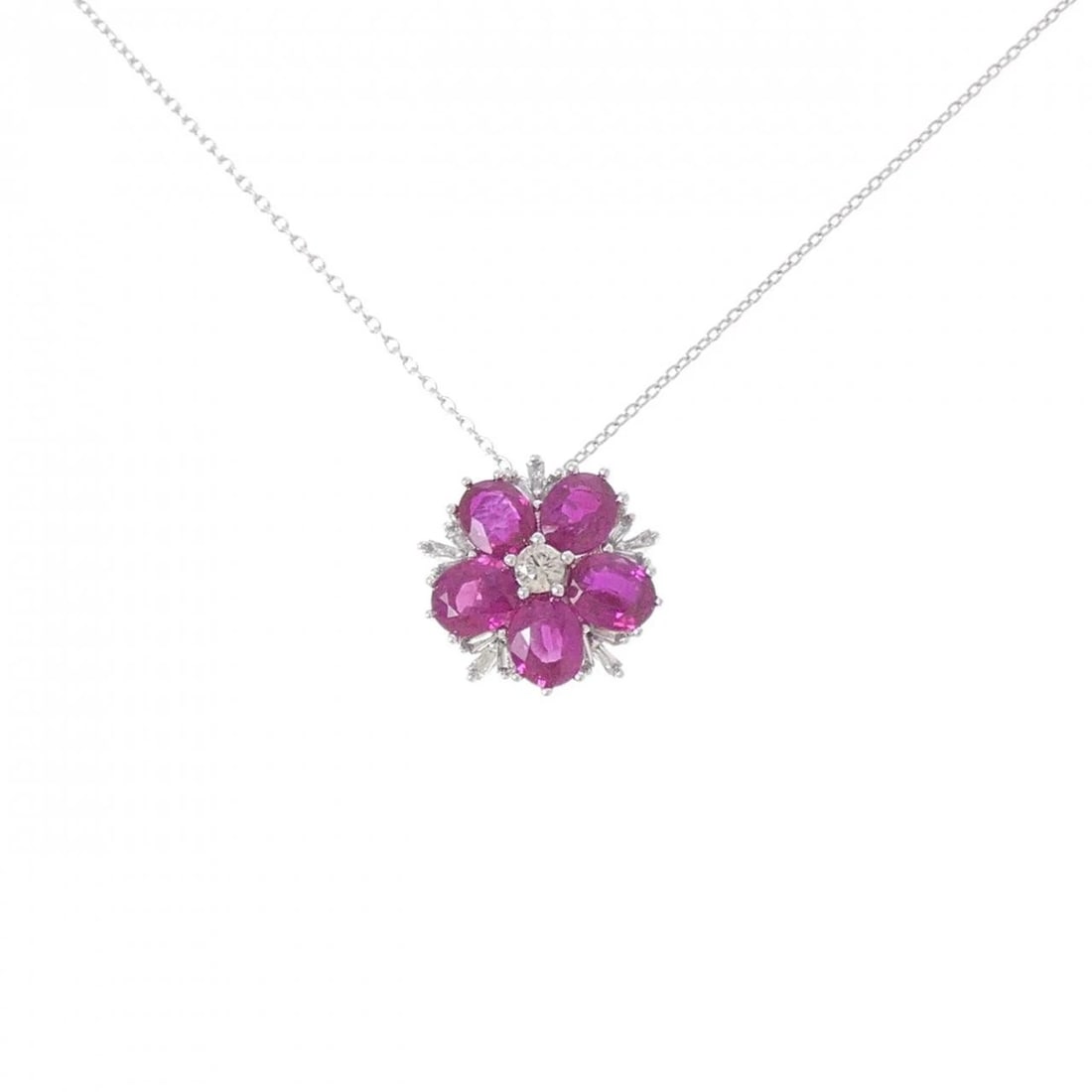 K18WG FLOWER RUBY NECKLACE: K18WG Flower Ruby Necklace Brand: Unbranded Type/Style: Ruby Necklace Material: K18 white gold, Main Stone Ruby, Natural Color: WG Size: Length: 45cm Accessories: None Accessories Notice: When