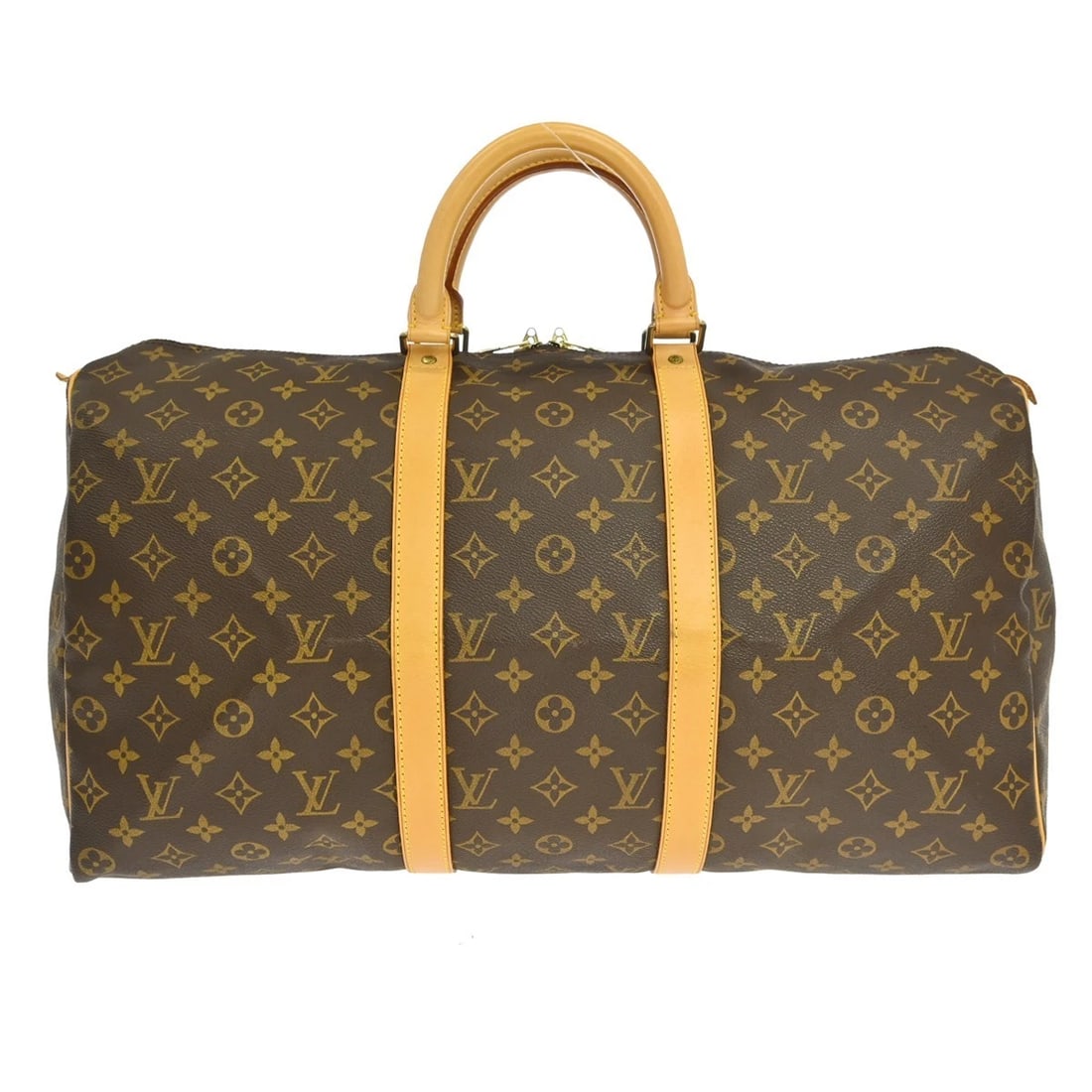 LOUIS VUITTON KEEPALL 50 TRAVEL HANDBAG: LOUIS VUITTON KEEPALL 50 TRAVEL HANDBAG Brand: Louis Vuitton Type/Style: Duffle Material: Monogram canvas, Leather Color: Brown Size: W 19.7 x H 11.4 x D 8.7 inch Accessories: None Accessories