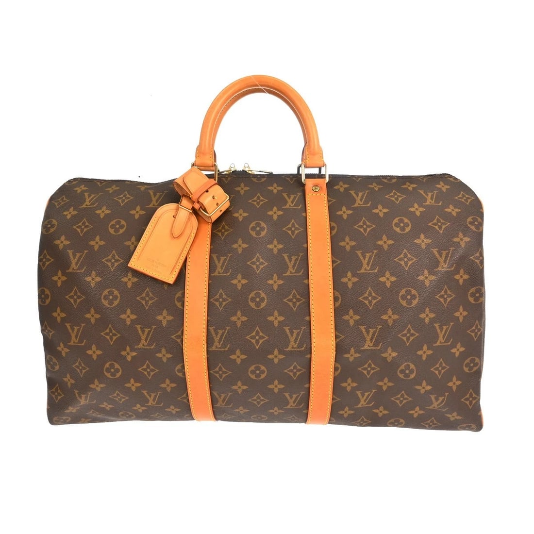 LOUIS VUITTON KEEPALL 50 TRAVEL HANDBAG: LOUIS VUITTON KEEPALL 50 TRAVEL HANDBAG Brand: Louis Vuitton Type/Style: Duffle Material: Monogram canvas, Leather Color: Brown Size: W 19.7 x H 11.4 x D 8.7 inch Accessories: None Accesso
