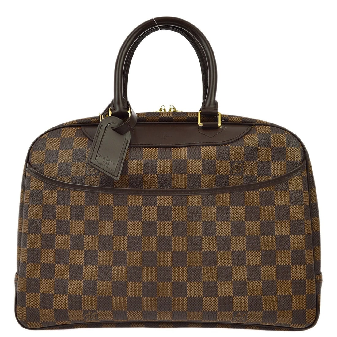 LOUIS VUITTON DAMIER DEAUVILLE BOWLING VANITY HANDBAG: Louis Vuitton Damier Deauville Bowling Vanity Handbag Brand: Louis Vuitton Type/Style: Hand Bag Material: Damier Canvas, Leather Color: Ebene * Brown Size: W 13.8 x H 10.2 x D 5.1 inch Accessories