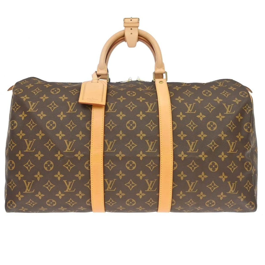 LOUIS VUITTON MONOGRAM KEEPALL 50 DUFFLE TRAVEL HANDBAG: Louis Vuitton Monogram Keepall 50 Duffle Travel Handbag Brand: Louis Vuitton Type/Style: Duffle Material: Monogram canvas, Leather Color: Brown Size: W 19.7 x H 11.4 x D 8.7 inch Accessories: None