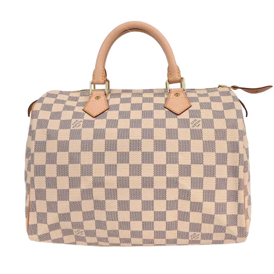 LOUIS VUITTON DAMIER AZUR SPEEDY 30 HANDBAG: Louis Vuitton Damier Azur Speedy 30 Handbag Brand: Louis Vuitton Type/Style: Duffle Material: Damier azur canvas, Leather Color: White Size: W 11.8 x H 8.3 x D 7.1 inch Accessories: None A