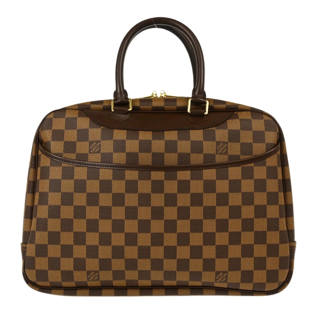 LOUIS VUITTON DAMIER DEAUVILLE BOWLING VANITY HANDBAG: Louis Vuitton Damier Deauville Bowling Vanity Handbag Brand: Louis Vuitton Type/Style: Hand Bag Material: Damier Canvas, Leather Color: Ebene * Brown Size: W 13.8 x H 10.2 x D 5.1 inch Accessories