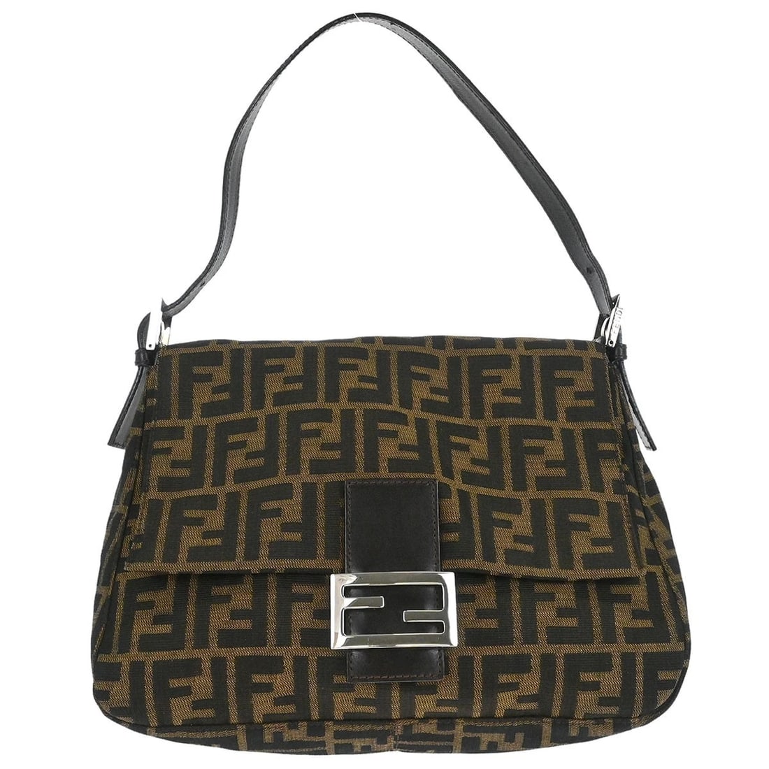 FENDI BROWN CANVAS ZUCCA MAMMA BAGUETTE HANDBAG: Fendi Brown Canvas Zucca Mamma Baguette Handbag Brand: Fendi Type/Style: Hand Bag Material: Canvas, Leather Color: Brown, Black Size: W 11.0 x H 7.9 x D 4.7 inch Accessories: None Accessor