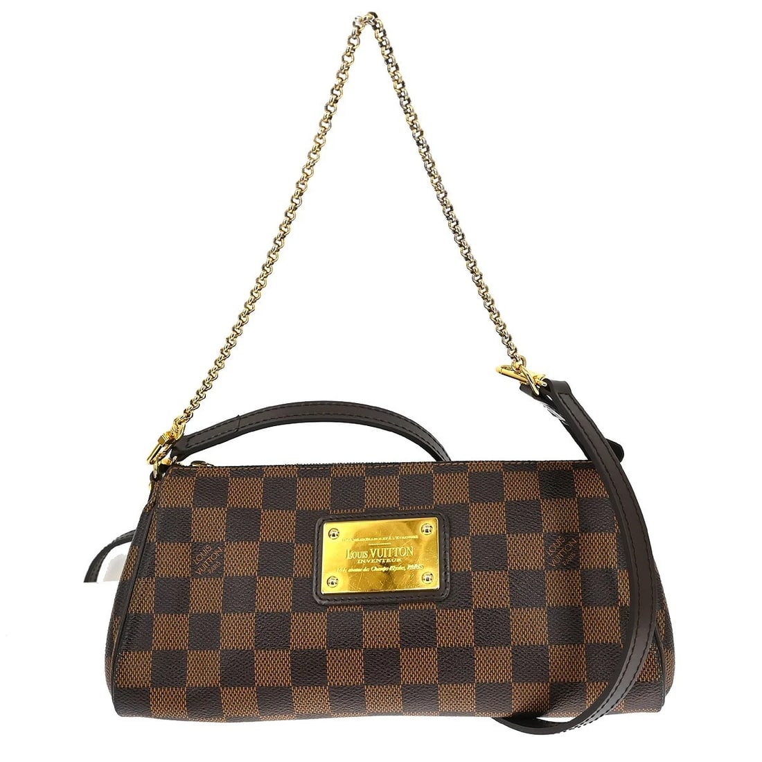 LOUIS VUITTON DAMIER EVA 2WAY CHAIN HANDBAG: Louis Vuitton Damier Eva 2way Chain Handbag Brand: Louis Vuitton Type/Style: Hand Bag Material: Damier Canvas, Leather Color: Ebene * Brown Size: W 9.8 inch x H 5.1 x D 1.6 inch Accessories: None