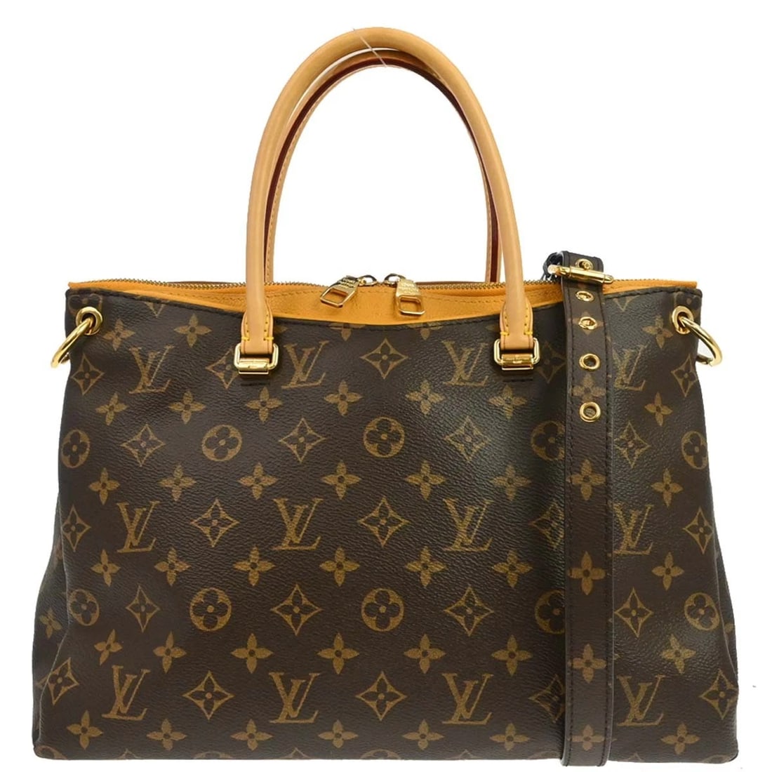 LOUIS VUITTON SAFFRON MONOGRAM PALLAS 2WAY HANDBAG: Louis Vuitton Saffron Monogram Pallas 2way Handbag Brand: Louis Vuitton Type/Style: Tote Material: Monogram Canvas, Leather Color: Saffron * Brown, Yellow Size: W 13.4 x H 9.1 x D 5.5 inch Accesso