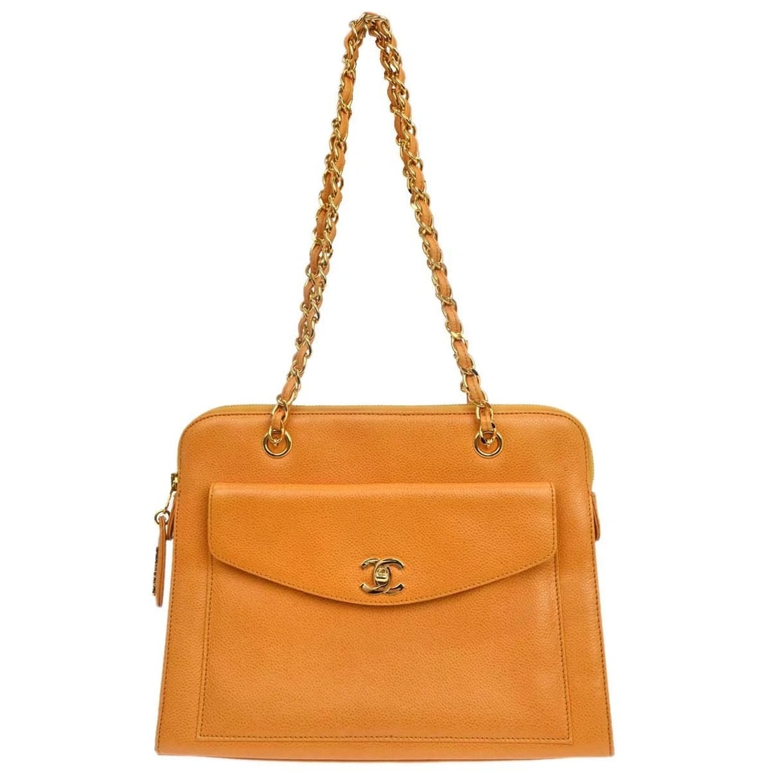 CHANEL ORANGE CALFSKIN HANDBAG: Chanel Orange Calfskin Handbag Brand: CHANEL Type/Style: Top Handle Bag Material: Caviar skin leather Color: Orange Size: W 11.4 x H 9.1 x D 3.9 inch Accessories: None Accessories Notice: