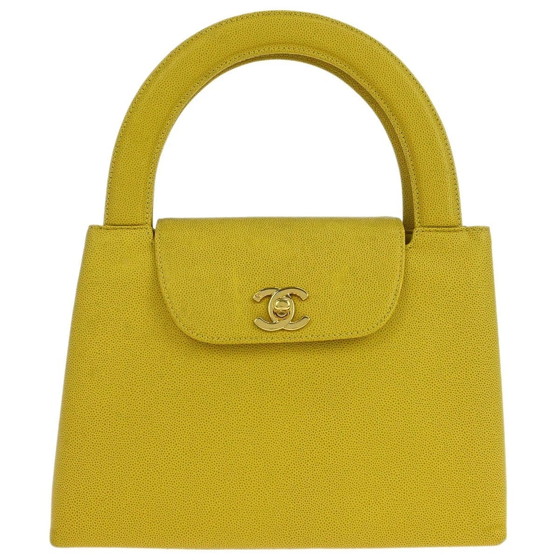 CHANEL YELLOW CALFSKIN HANDBAG: Chanel Yellow Calfskin Handbag Brand: CHANEL Type/Style: Top Handle Bag Material: Caviar skin leather Color: Yellow Size: W 9.4 x H 7.1 x D 3.1 inch Accessories: None Accessories Notice: W