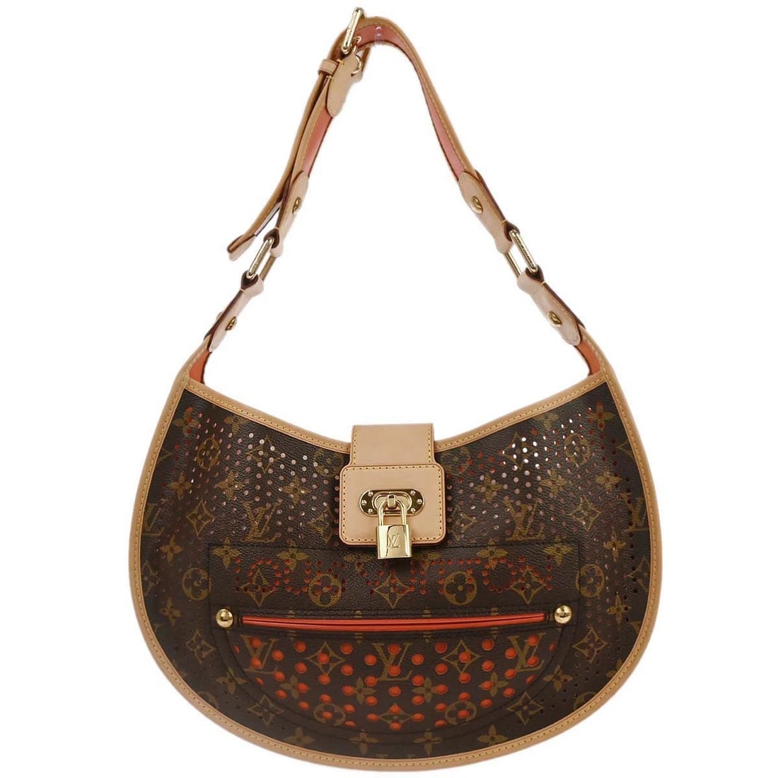 LOUIS VUITTON MONOGRAM PERFO DEMI-LUNE SHOULDER BAG: Louis Vuitton Monogram Perfo Demi-lune Shoulder Bag Brand: Louis Vuitton Type/Style: Hand Bag Material: Monogram Perfo Canvas, Leather Color: Orange, Brown Size: W 13.0 x H 8.3 x D 1.6 inch Access