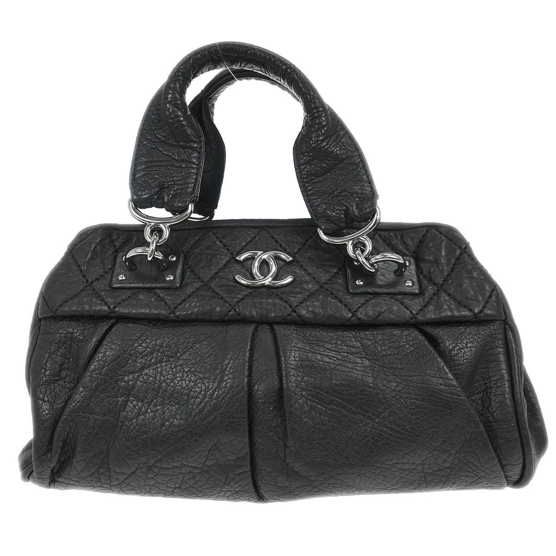 CHANEL BLACK CALFSKIN HANDBAG: Chanel Black Calfskin Handbag Brand: CHANEL Type/Style: Handbag Material: Calfskin Color: Black Size: W 13.0 x H 5.9 x D 6.7 inch Accessories: None Accessories Notice: When purchasing pre-