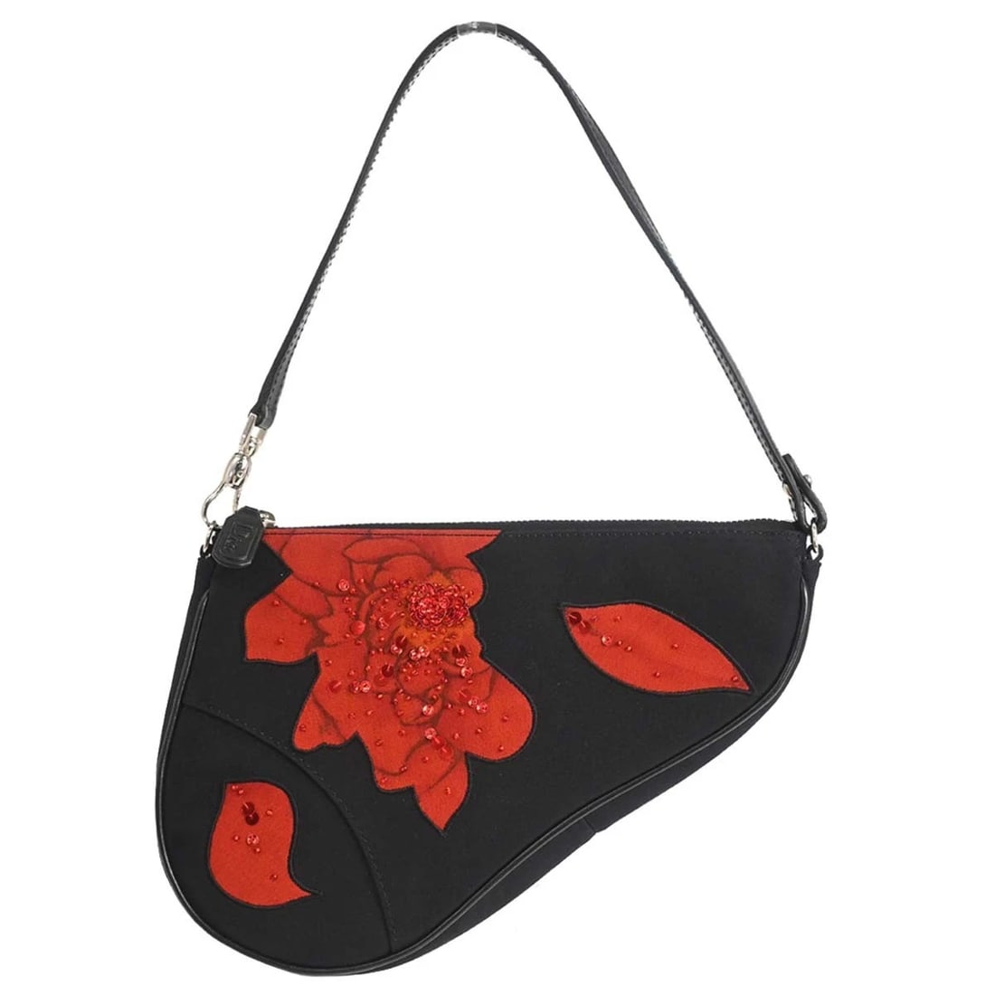 CHRISTIAN DIOR BLACK CANVAS BEADED SADDLE HANDBAG: Christian Dior Black Canvas Beaded Saddle Handbag Brand: Dior Type/Style: Saddle Bag Material: Canvas, Leather Color: Black, Red Size: W 7.9 x H 5.9 x D 1.6 inch Accessories: None Accessor