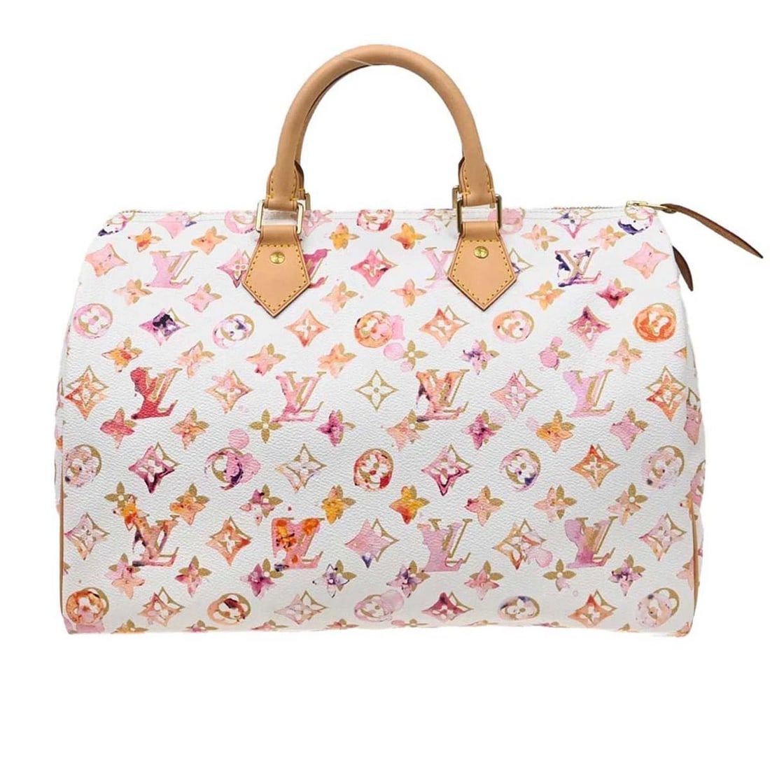 LOUIS VUITTON WHITE MONOGRAM WATERCOLOR SPEEDY 35 HANDBAG: Louis Vuitton White Monogram Watercolor Speedy 35 Handbag Brand: Louis Vuitton Type/Style: Satchel/Top Handle Bag Material: Monogram watercolor canvas, Leather Color: Blanc*White Size: W 13.8 x H 9.1 