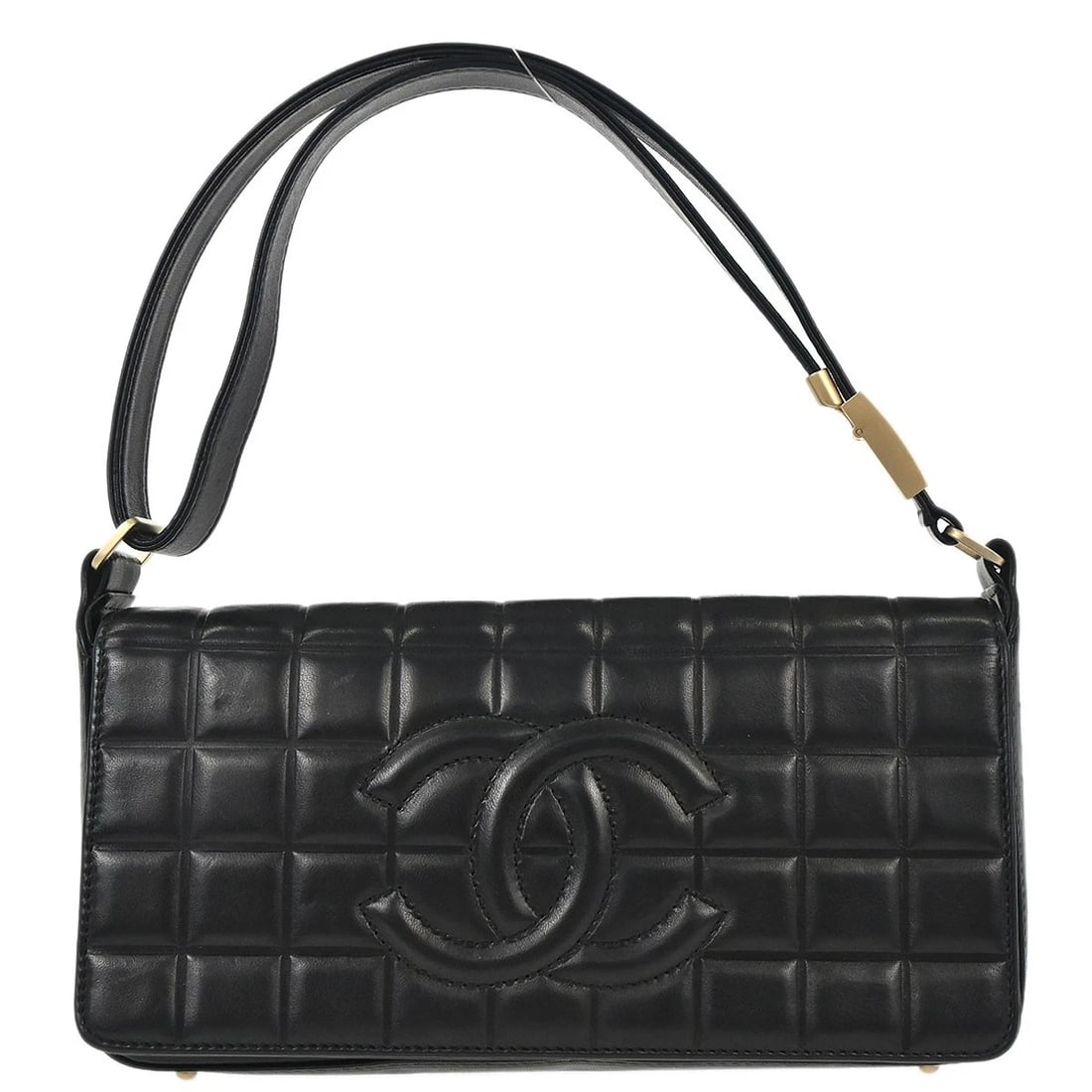 CHANEL BLACK LAMBSKIN CHOCO BAR SHOULDER BAG: Chanel Black Lambskin Choco Bar Shoulder Bag Brand: CHANEL Type/Style: Shoulder Bag Material: Lambskin Color: Black Size: W 9.8 x H 4.7 x D 2.0 inch Accessories: None Accessories Notice: When
